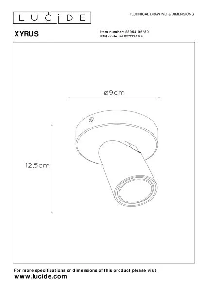 Lucide XYRUS - Plafondspot - Ø 9 cm - LED Dim to warm - GU10 - 1x5W 2200K/3000K - Zwart - technisch